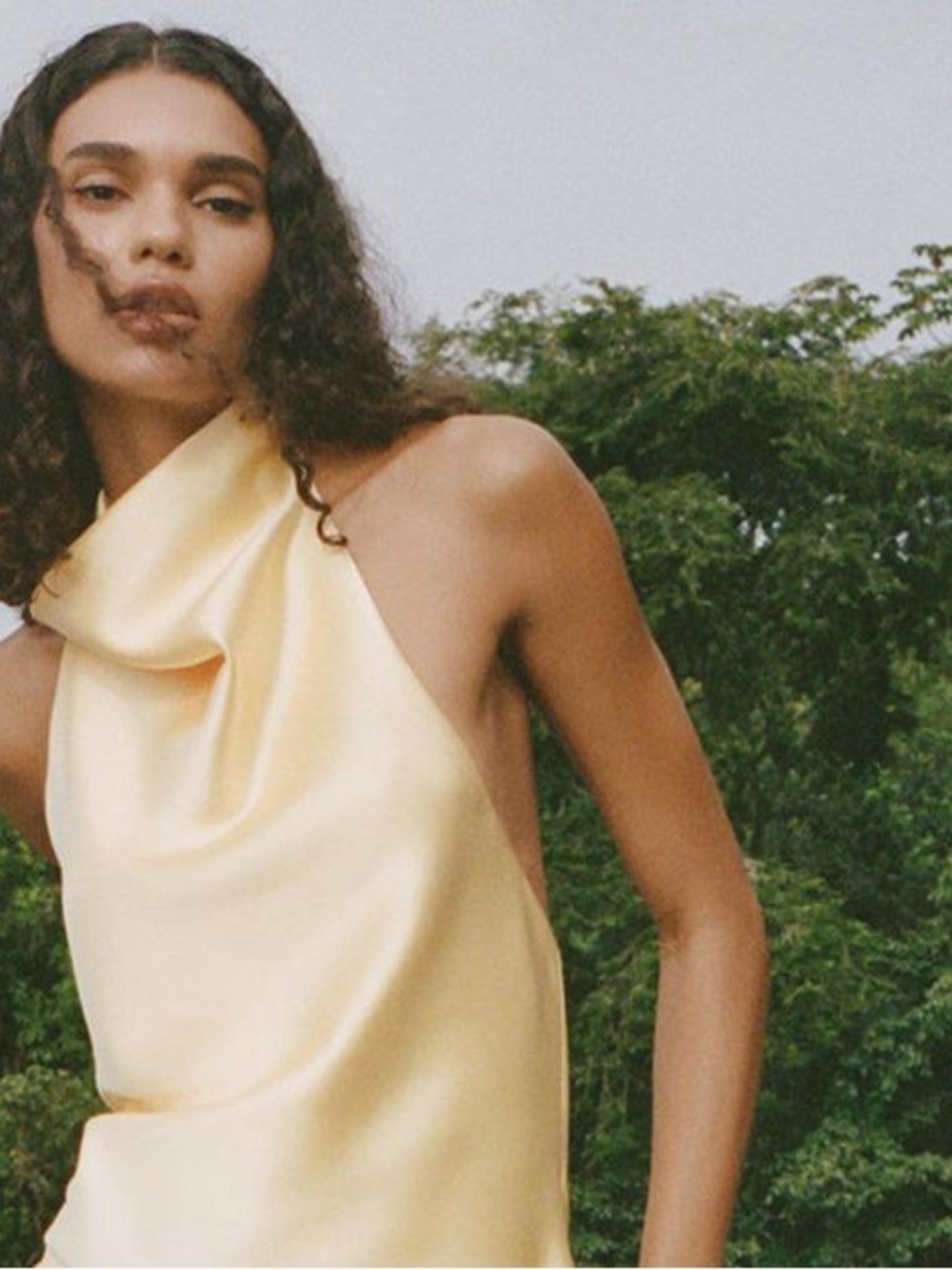 Zara Satin Halter Tank Top in Pale Yellow